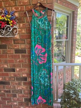 Lilly Pulitzer Green and Pink Floral-Print Sleeveless Maxi Dress